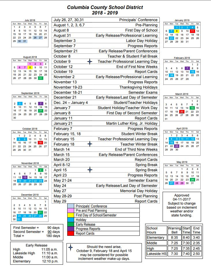 2018 2019 Columbia County School Calendar Brittany Hopkins