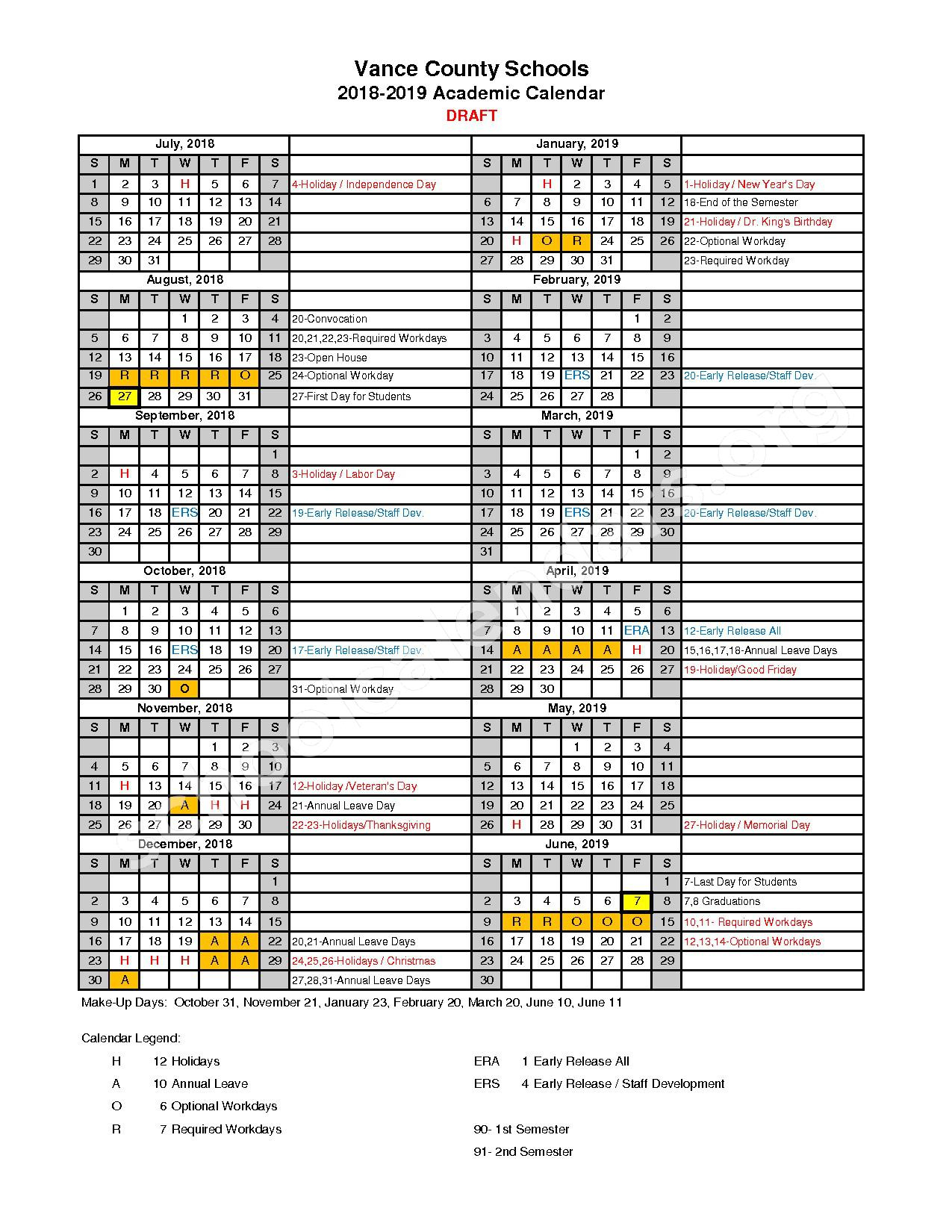 2018 2019 District Calendar Vance County Schools Henderson NC