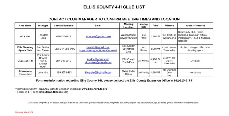 4 H Clubs Calendar Ellis County