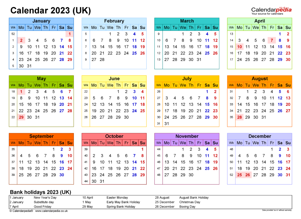 Calendar 2023 UK Free Printable Microsoft Word Templates