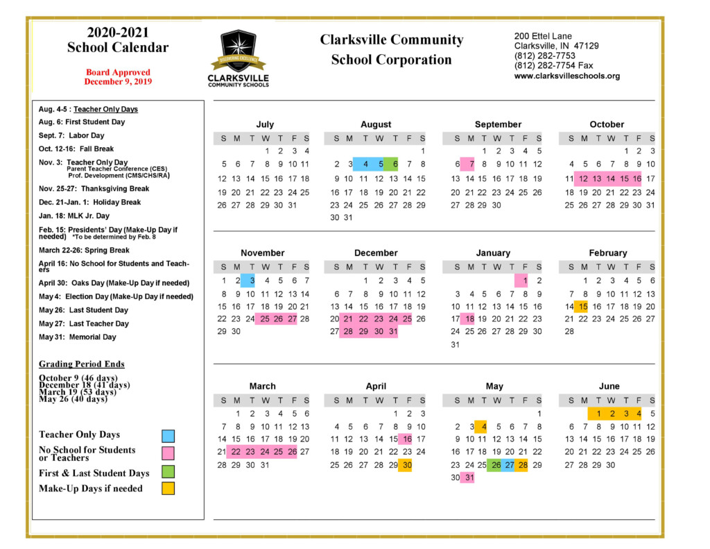 Clarksville Community School Corporation Calendar 2021 And 2022 