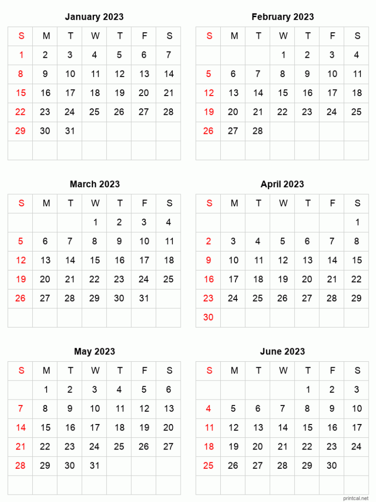 Jan Jun 2023 Printable Calendar Six Months Per Page Printable Calendar