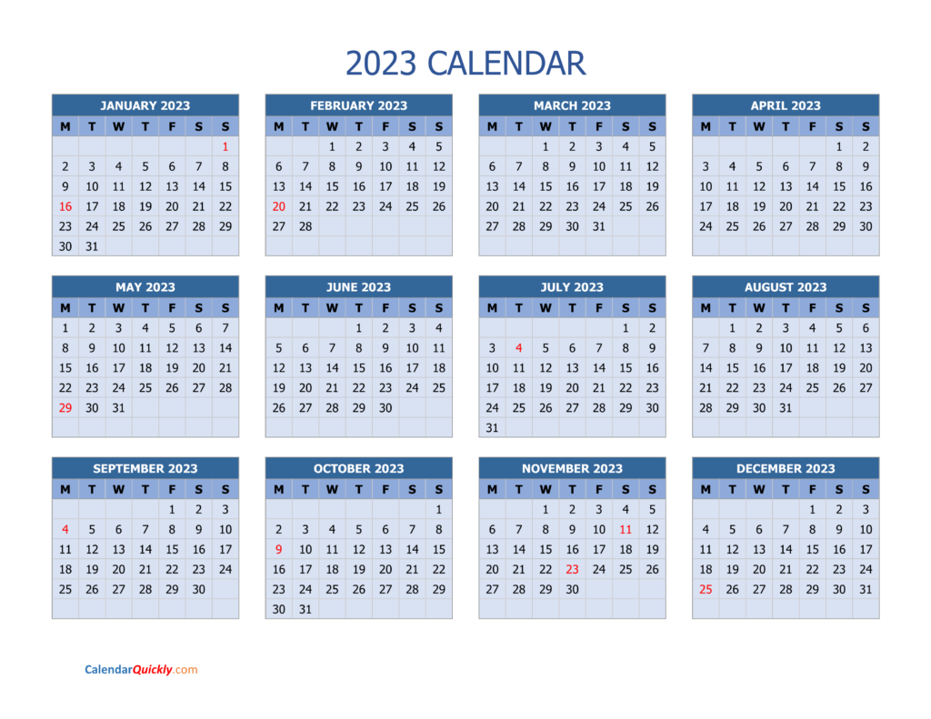 Monday 2023 Calendar Horizontal Calendar Quickly