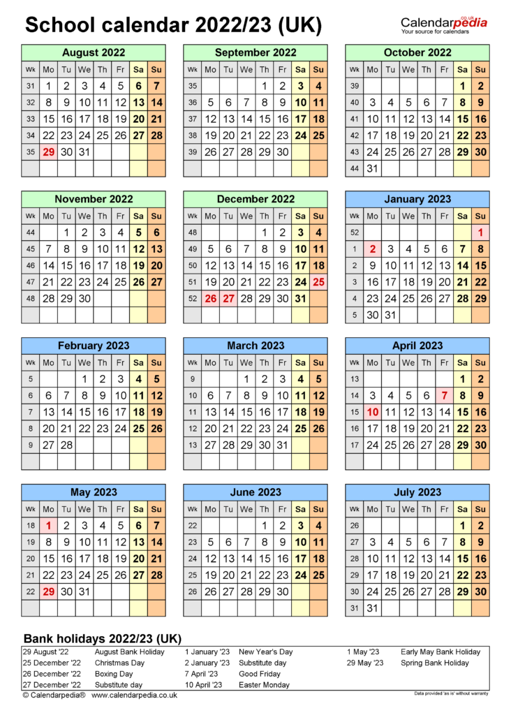 School Calendars 2022 23 UK Free Printable Word Templates