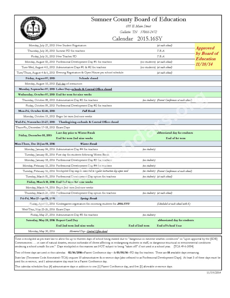 Sumner County Schools Calendars Gallatin TN