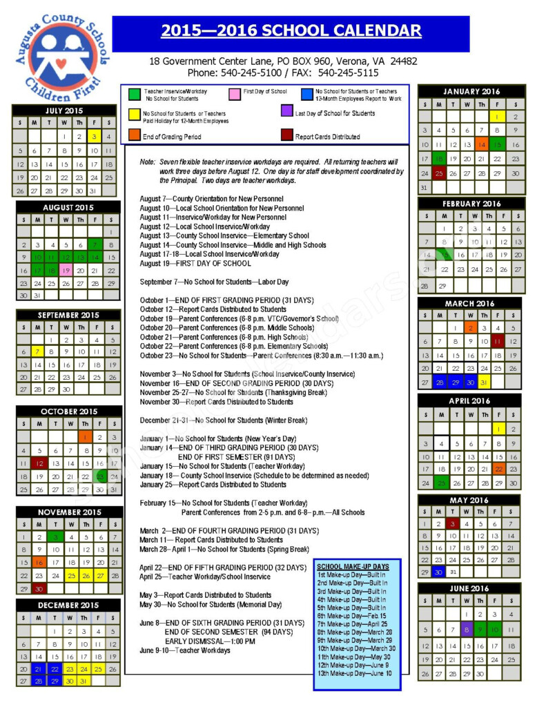 2015 2016 School Calendar Augusta County Public Schools Verona VA