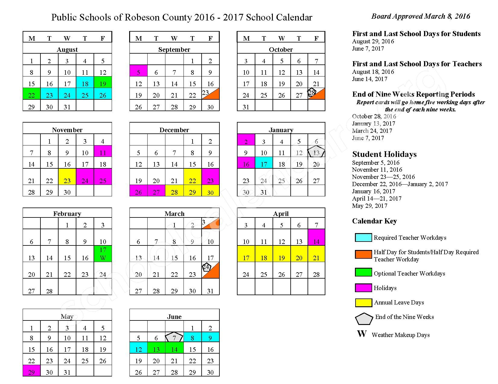 2016 2017 Academic Calendar Public Schools Of Robeson County