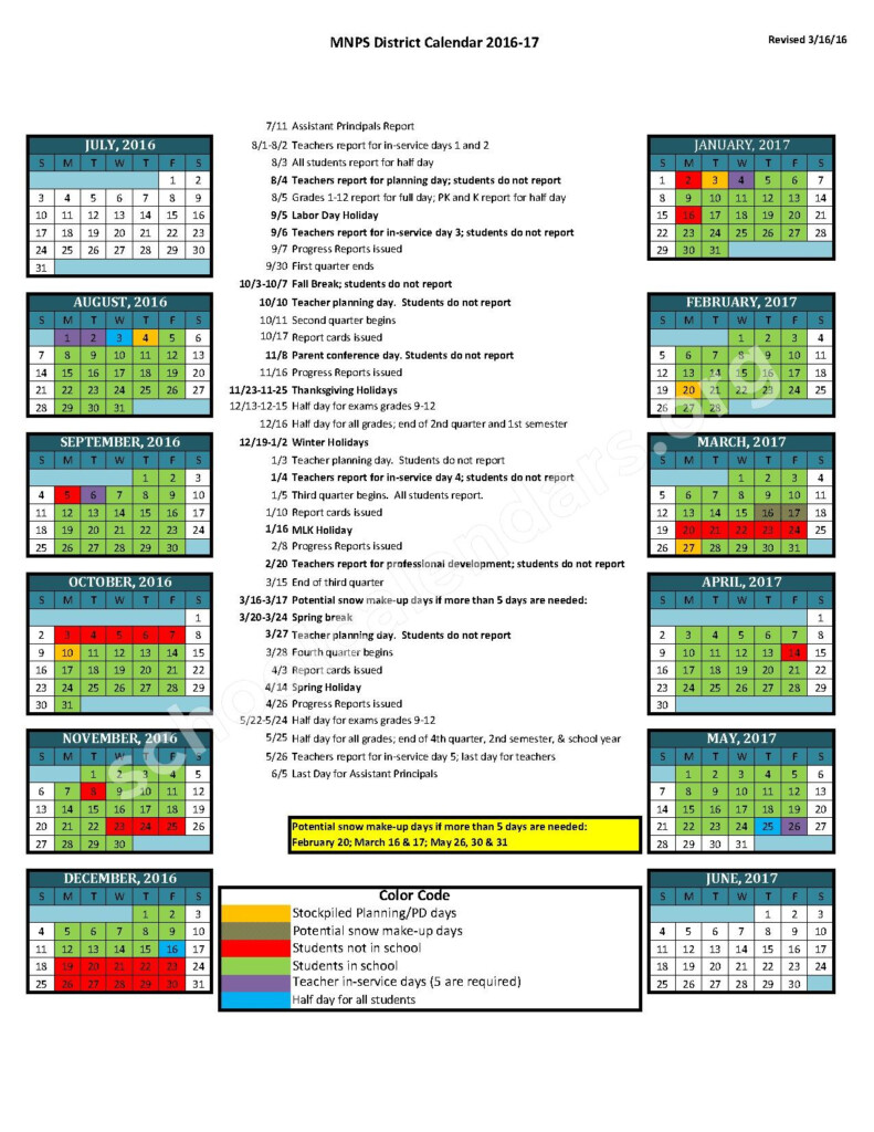 2016 2017 District Calendar Davidson County Schools Metropolitan 