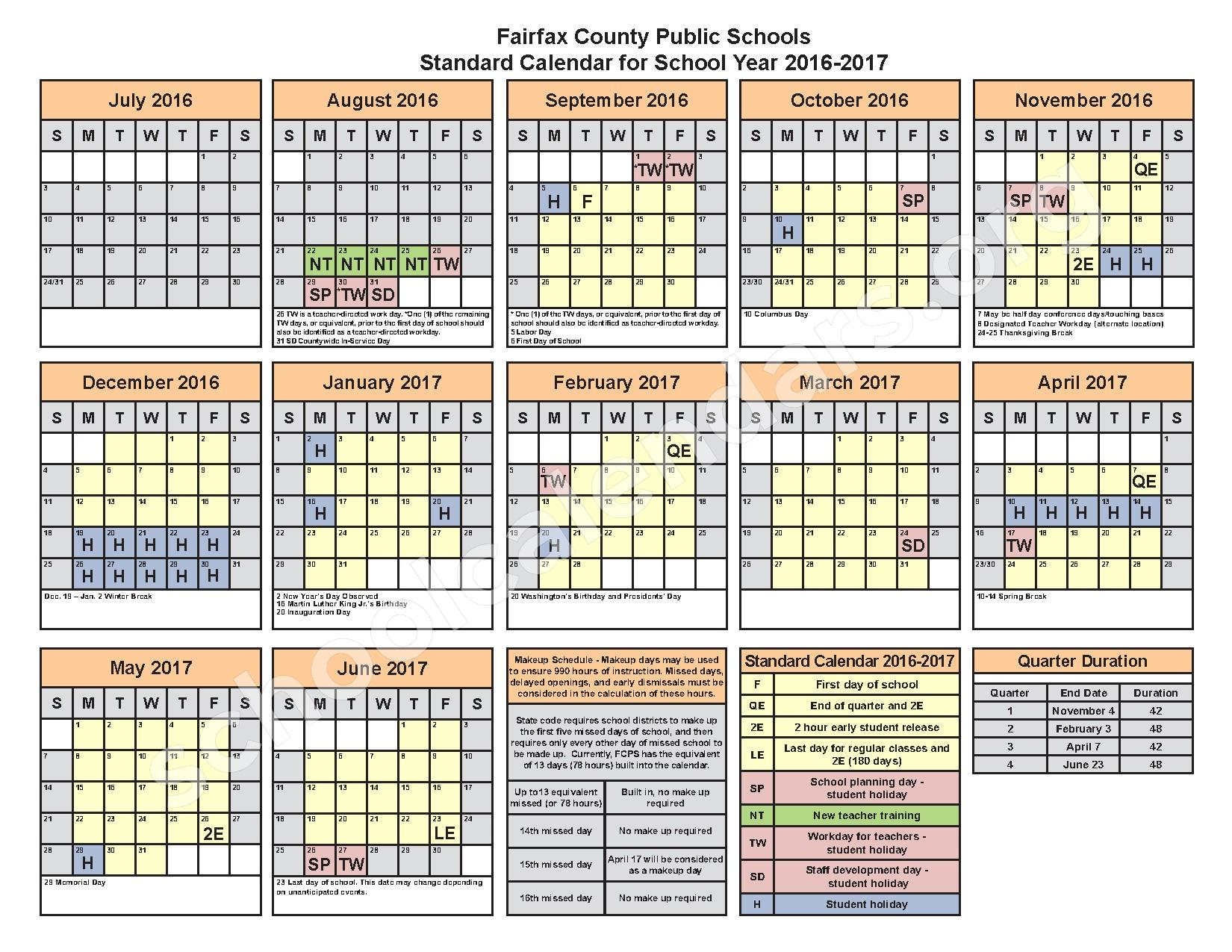 2016 2017 District Calendar Fairfax County Public Schools Falls