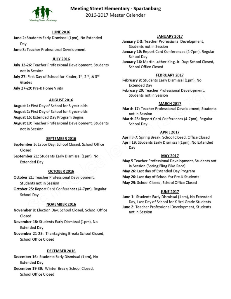 2016 2017 District Calendar Spartanburg School District 7 