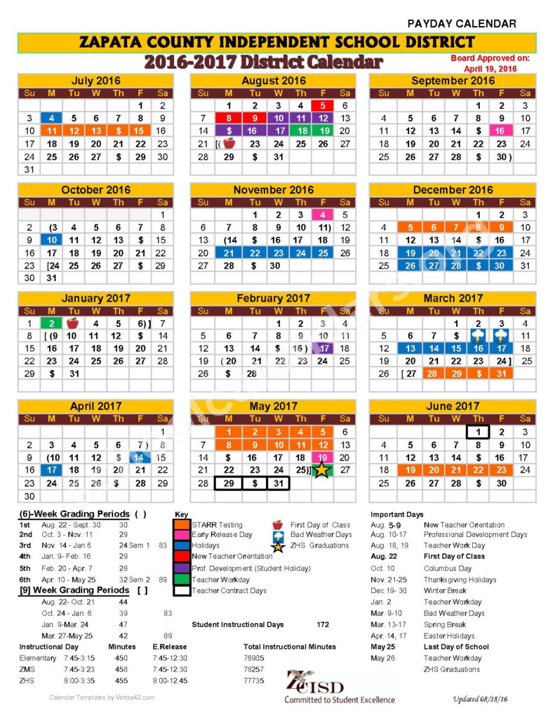 2016 2017 District Calendar Zapata County Independent School 