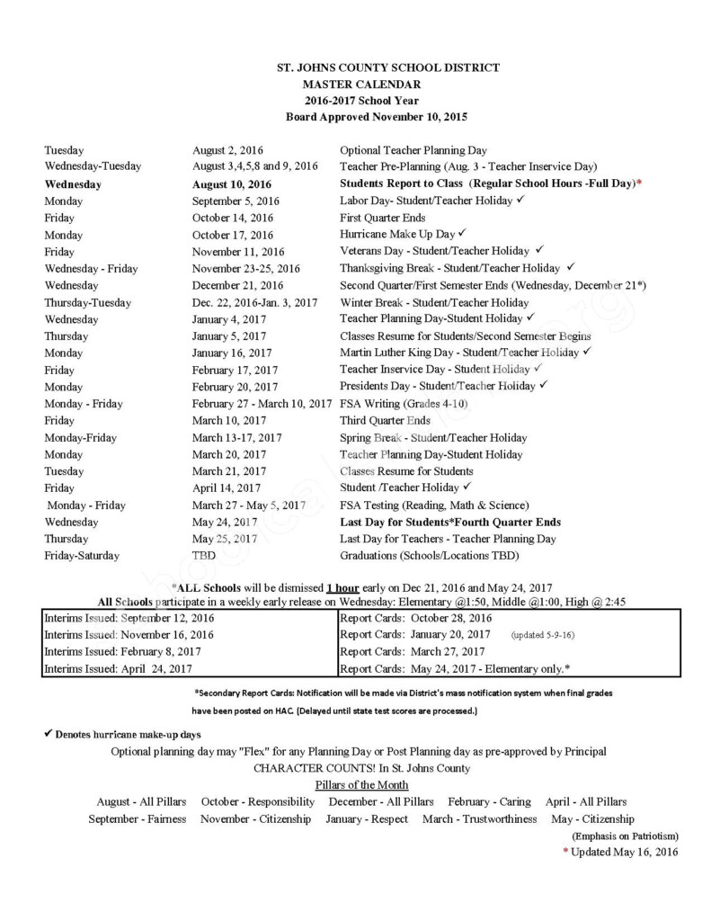 2016 2017 Master Calendar St Johns County School District St 