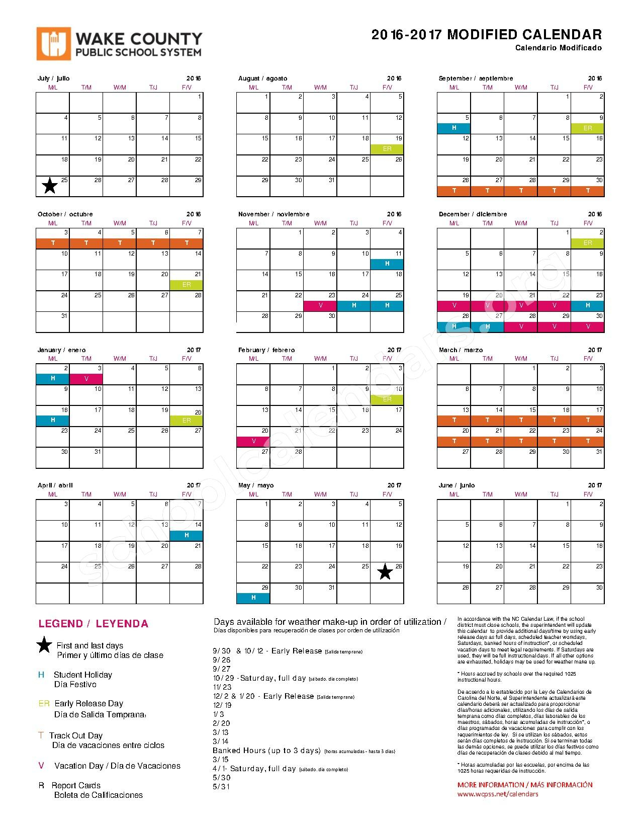 Wake County Modified Calendar