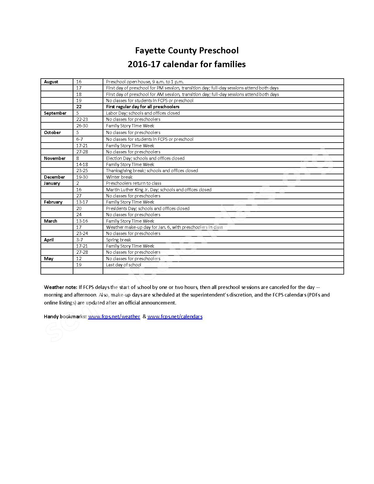 2016 2017 School Calendar Fayette County School District