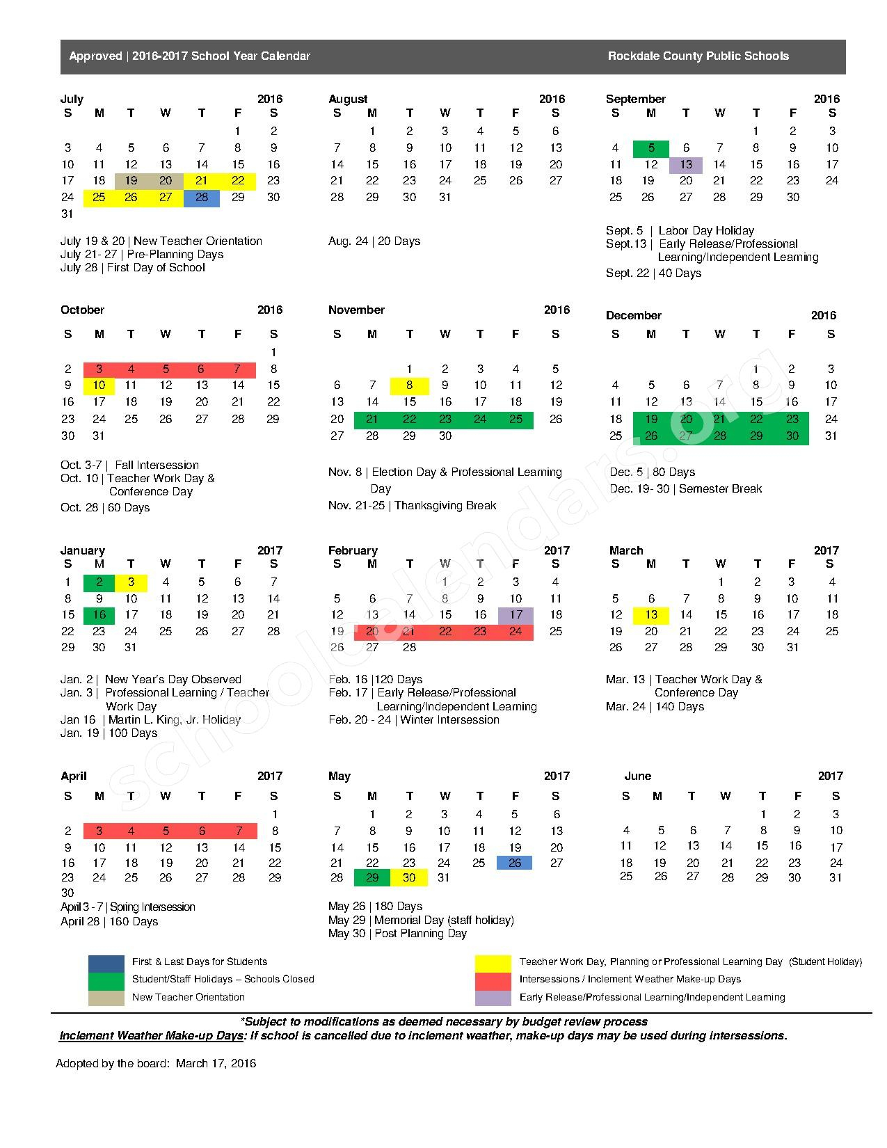 2016 2017 School Calendar Rockdale County School District Conyers GA