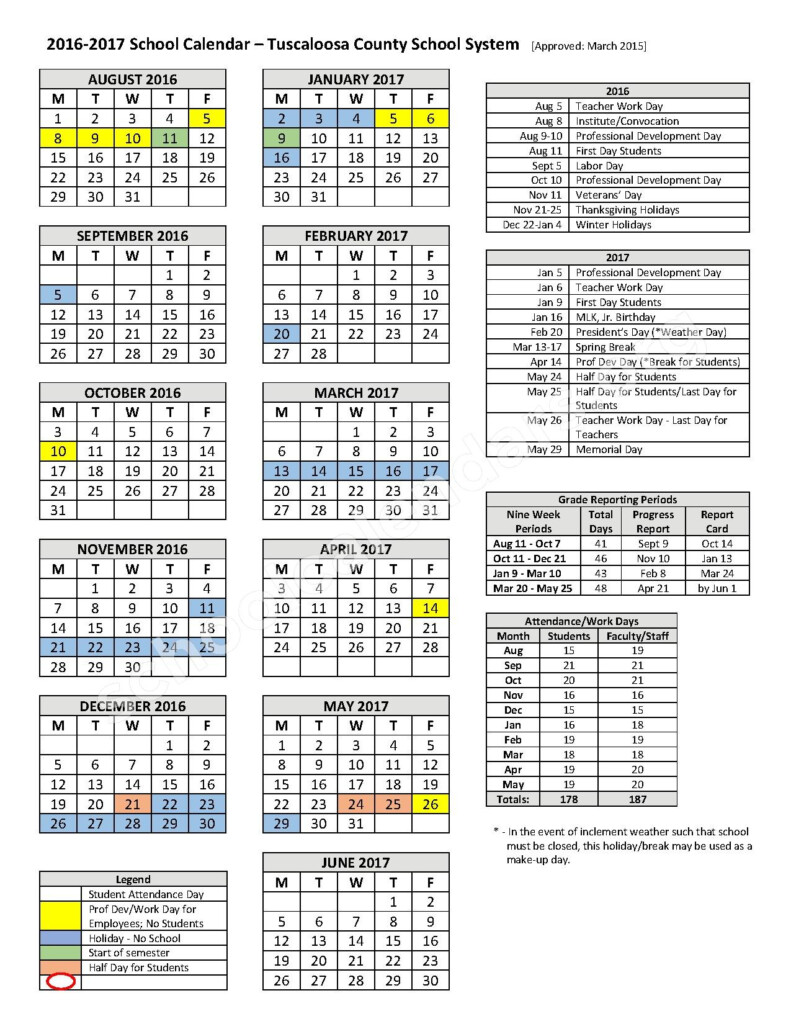 2016 2017 TCSS Calendar Tuscaloosa County School System 