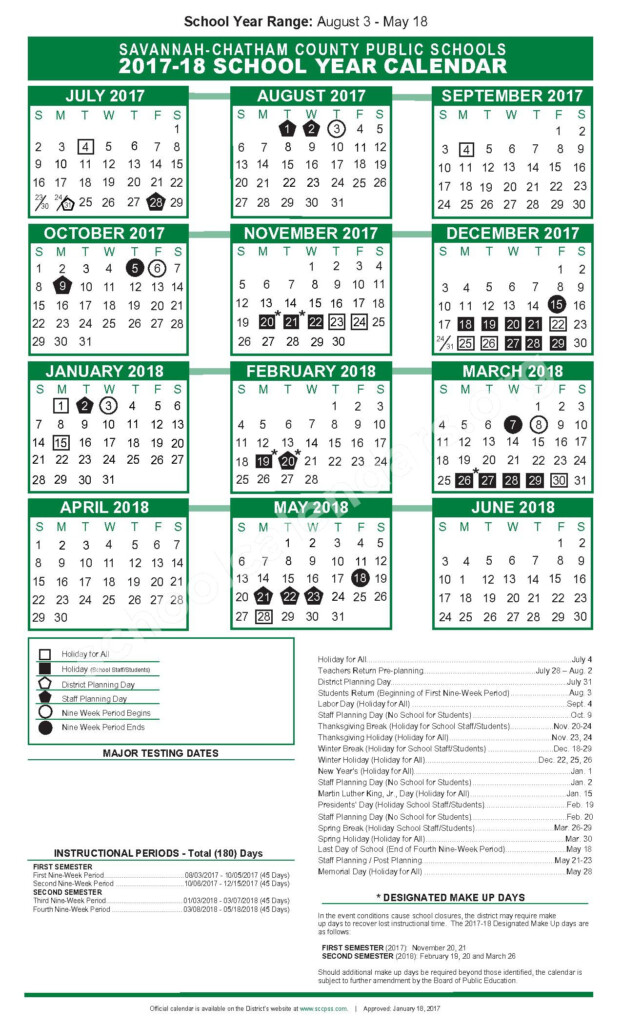 2017 2018 Academic Calendar Chatham County School District 