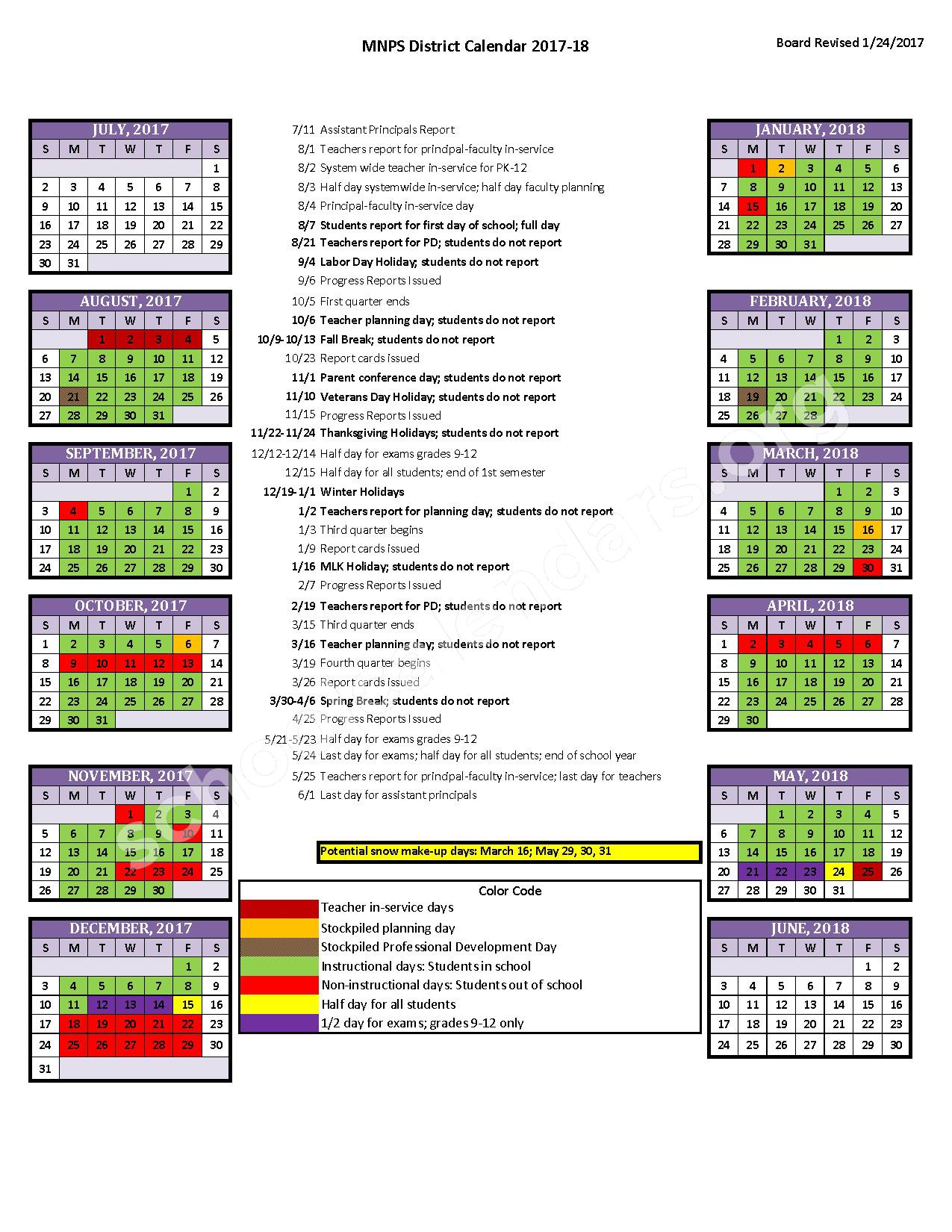 2017 2018 District Calendar Davidson County Schools Metropolitan