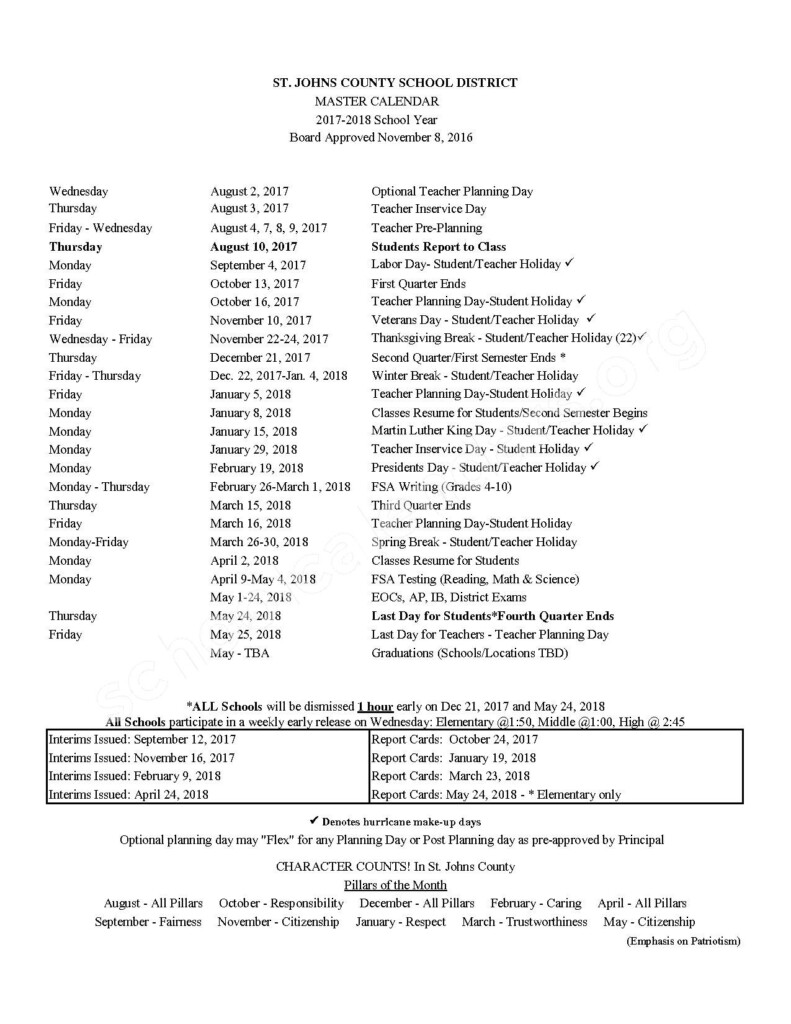 2017 2018 Master Calendar St Johns County School District St 