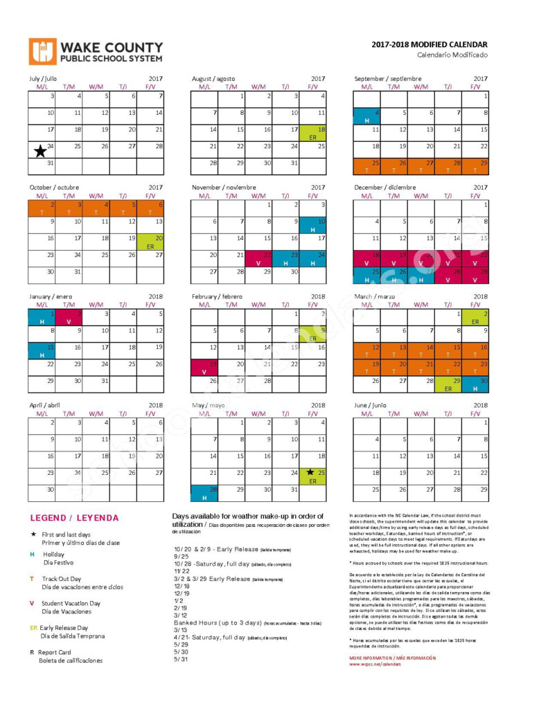 2017 2018 Modified Calendar Wake County Public School System Cary NC