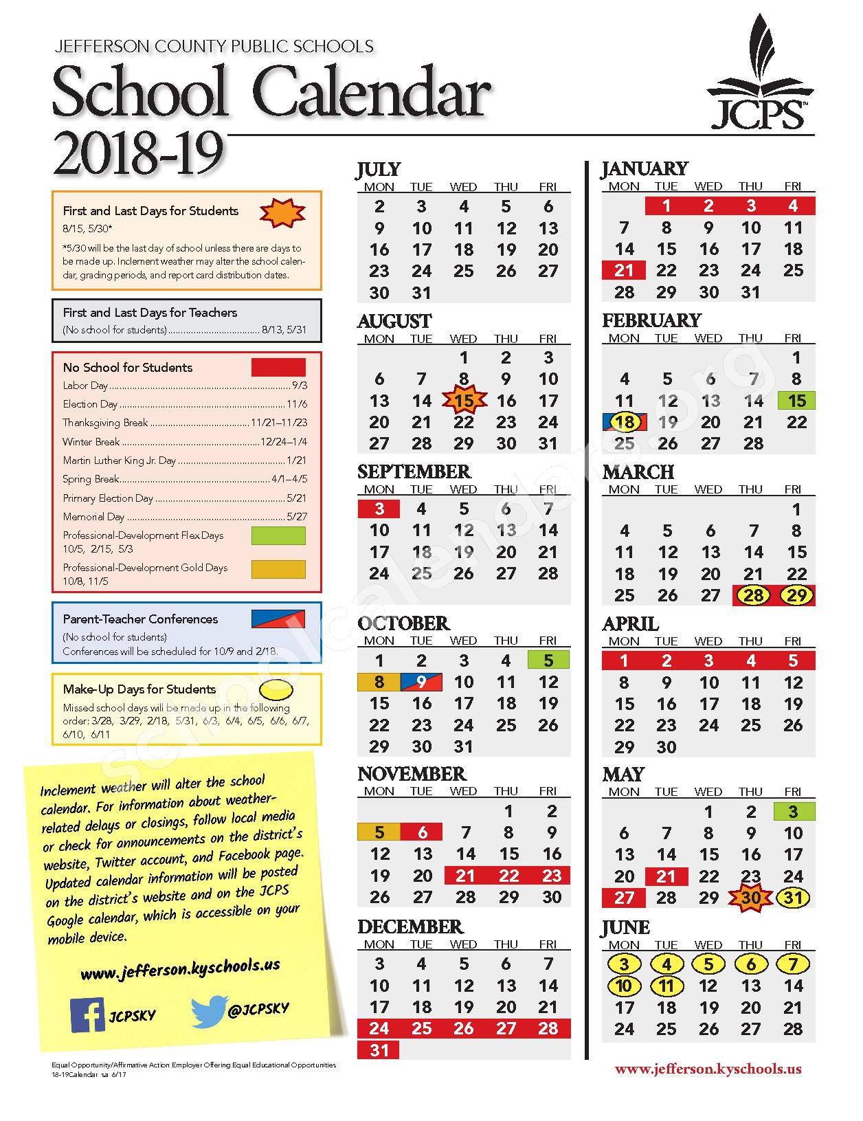 2018 2019 District Calendar Jefferson County School District