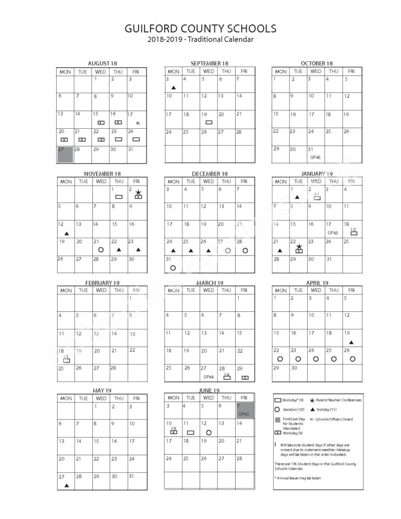 2018 2019 Traditional Calendar Guilford County Schools Greensboro NC