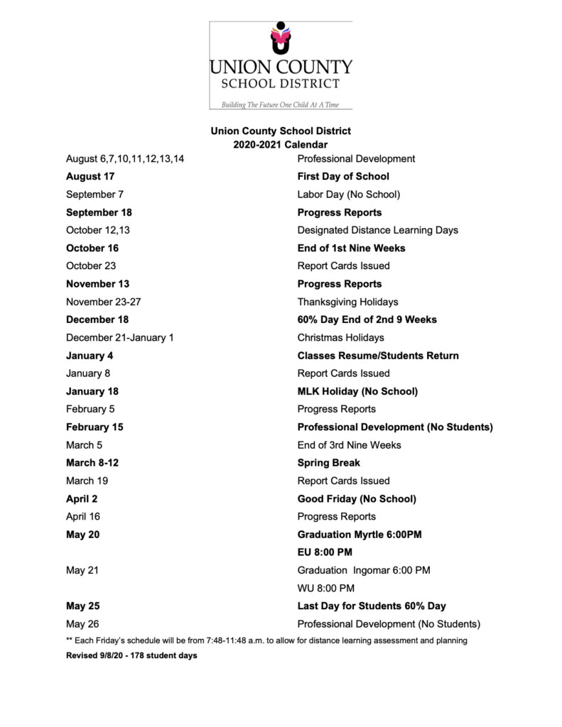 2020 2021 UCSD Calendar Union County School District