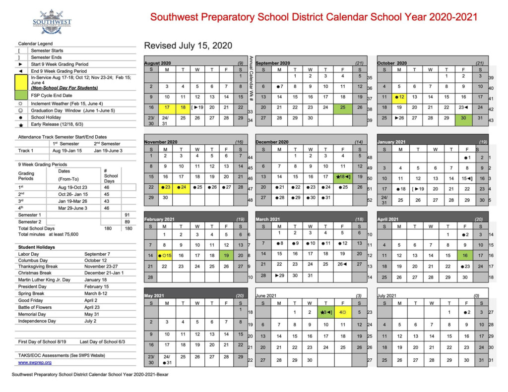 2020 21 School Calendar Parents And Students Southwest Preparatory 