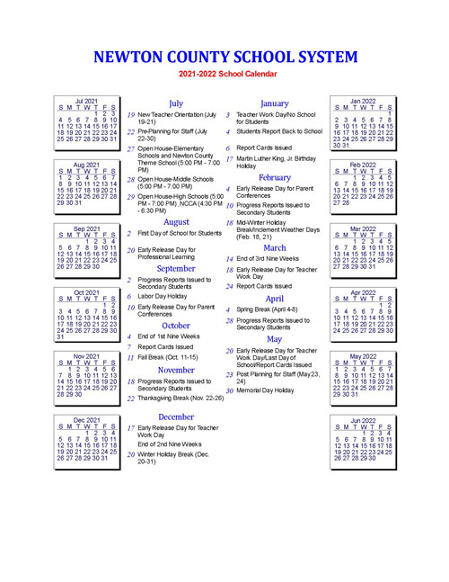 2021 2022 School Calendar Newton County Schools