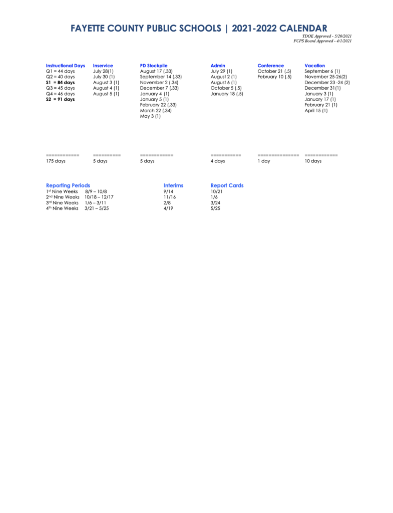 2021 22 Instructional Calendar Calendars And Events Fayette County 