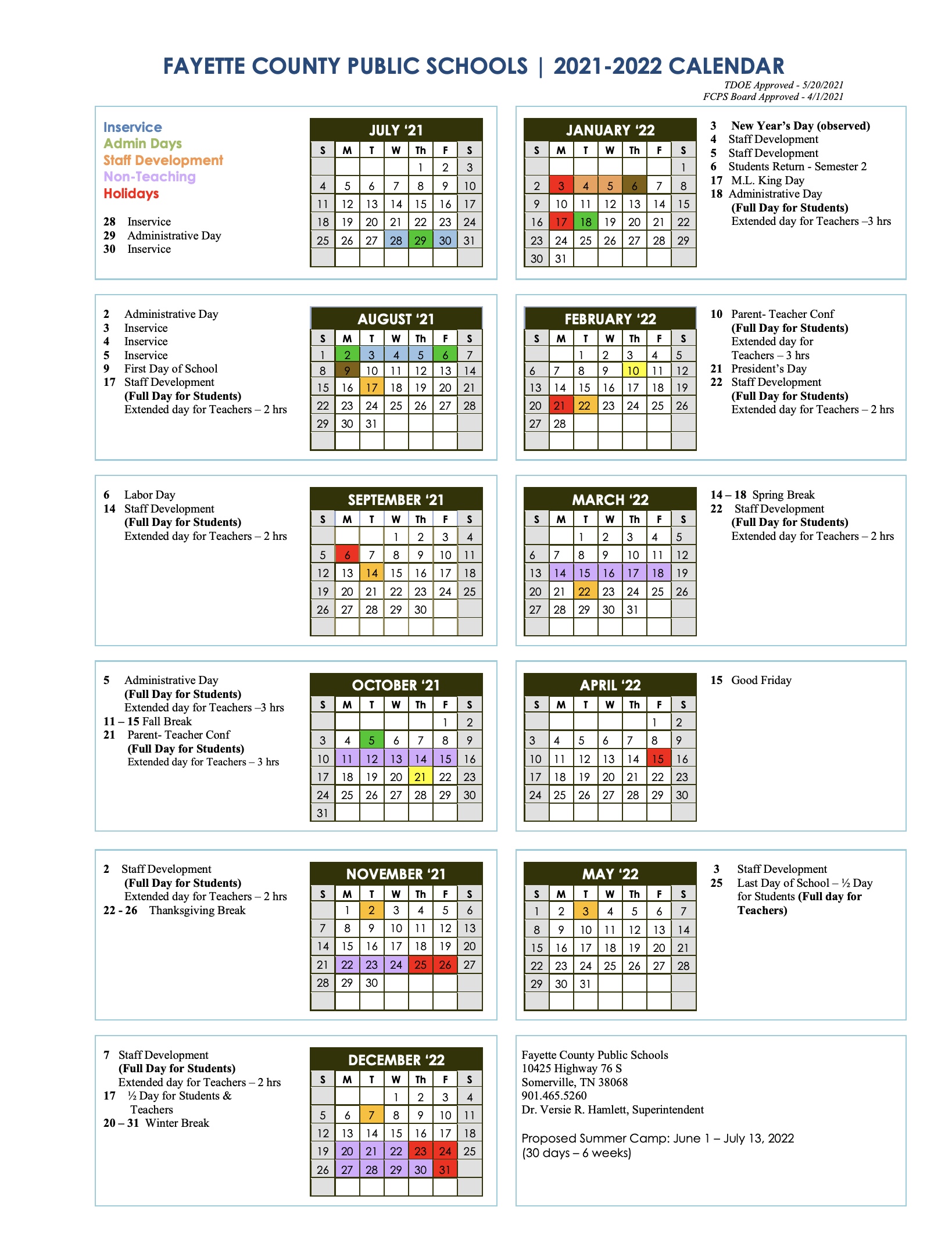 2021 22 Instructional Calendar Calendars And Events Fayette County