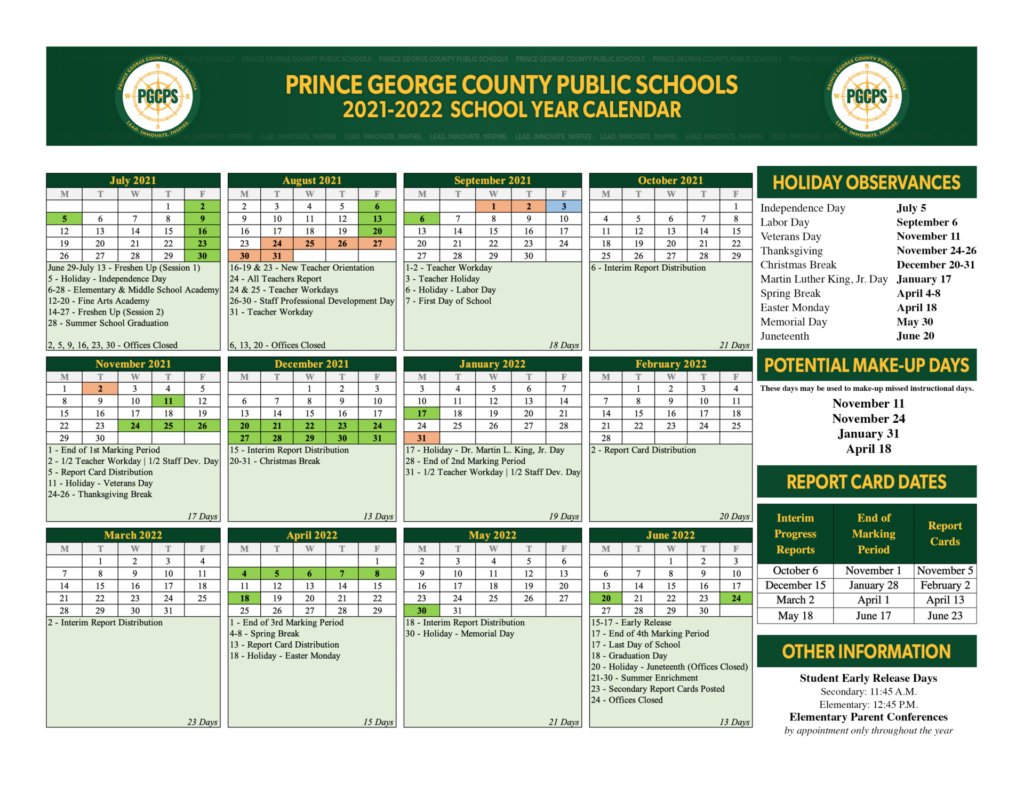 2021 22 School Year Calendar About Us Prince George County Public 