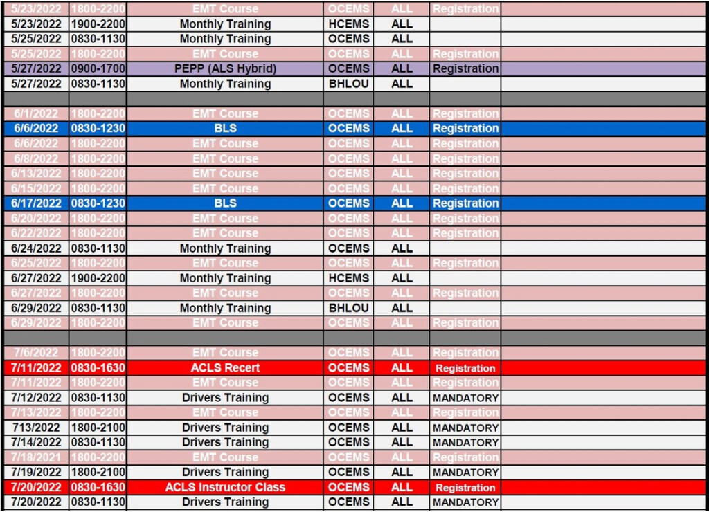 2022 Training Calendar Oldham County EMS