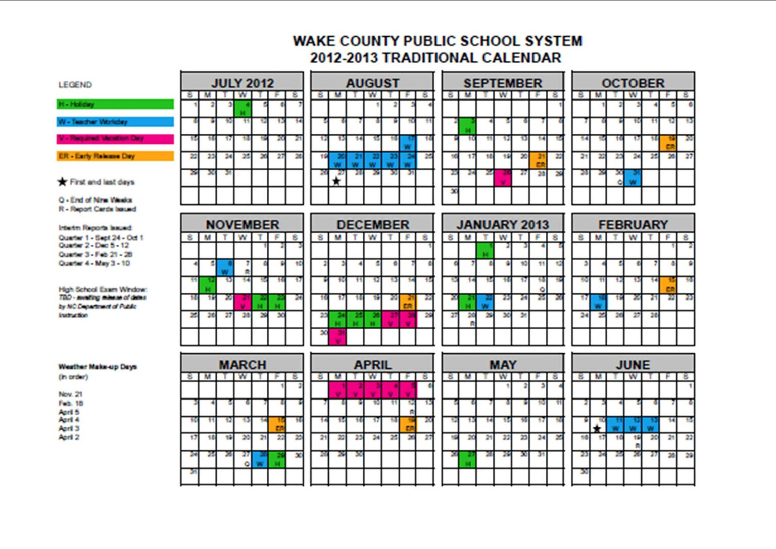 Traditional Wake County Calendar