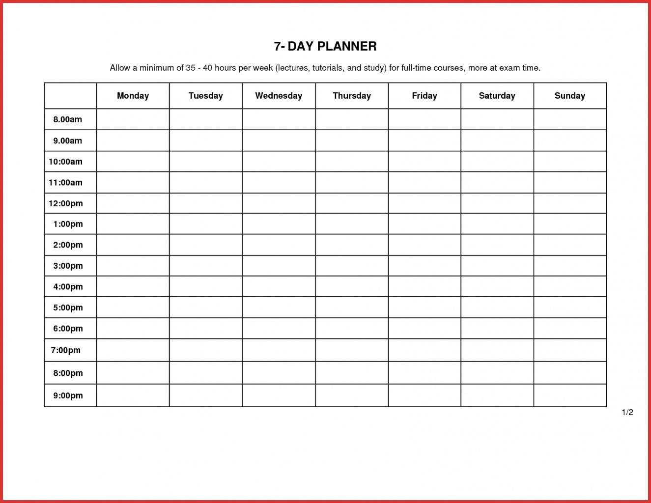 7 Day Calendar Template Word Weekly Calendar Template Weekly Planner