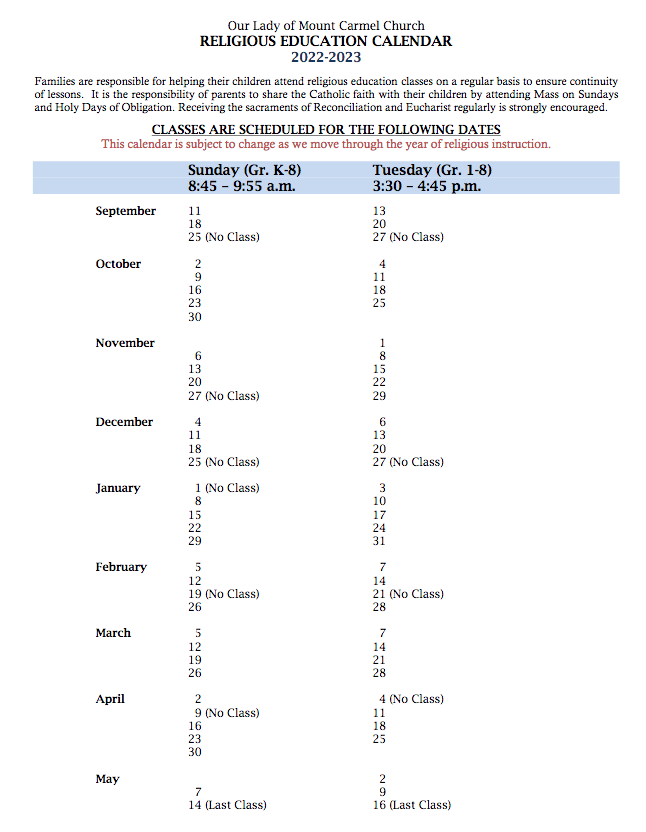 Calendar 2022 2023 Our Lady Of Mt Carmel