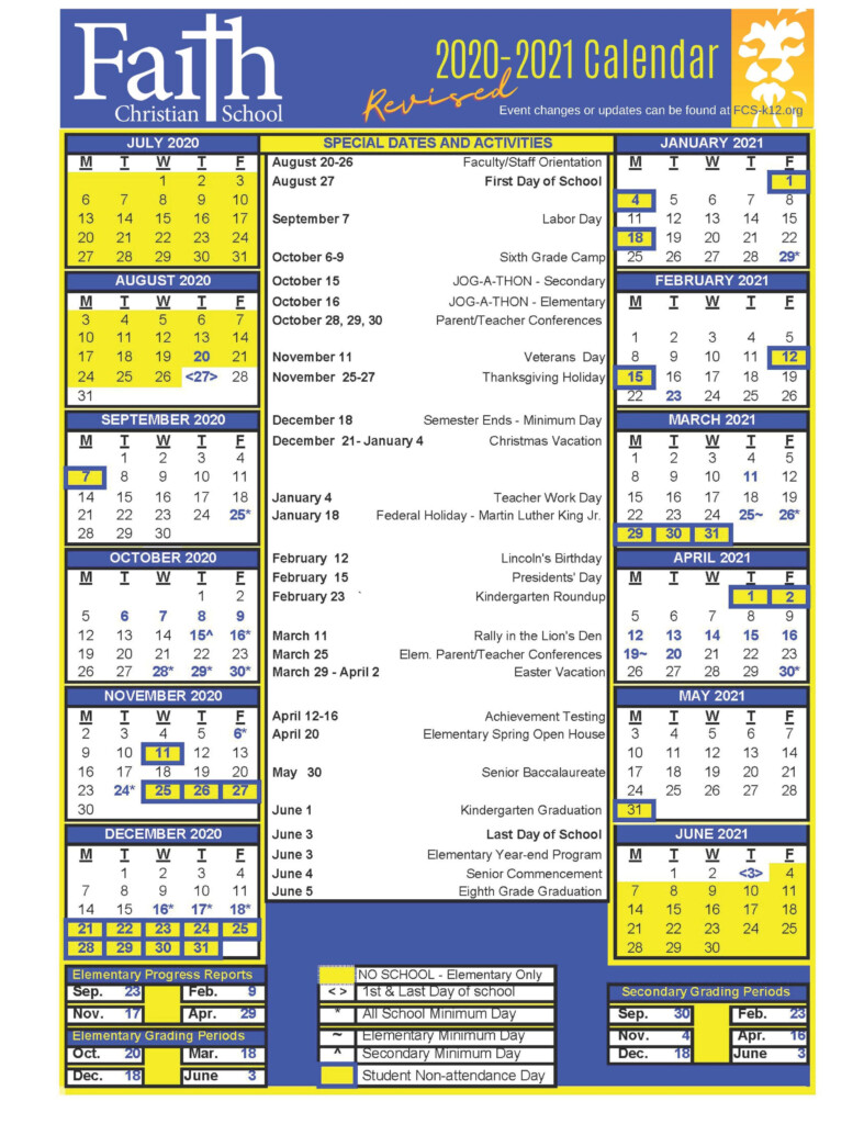 Calendar Faith Christian School Inc 