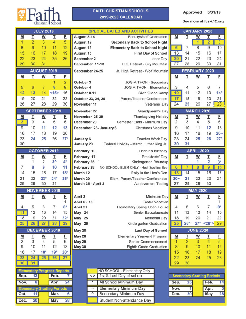 Calendar Faith Christian School Inc 