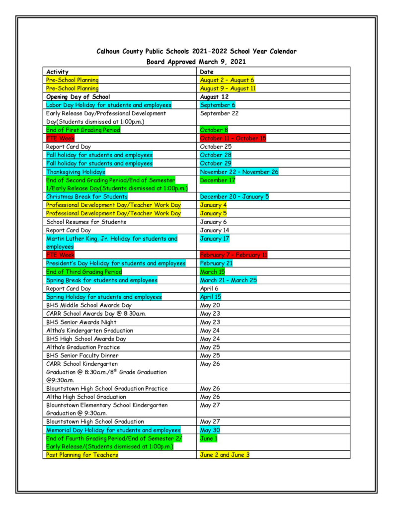 Calhoun County School District Calendar 2021 2022 With Holidays