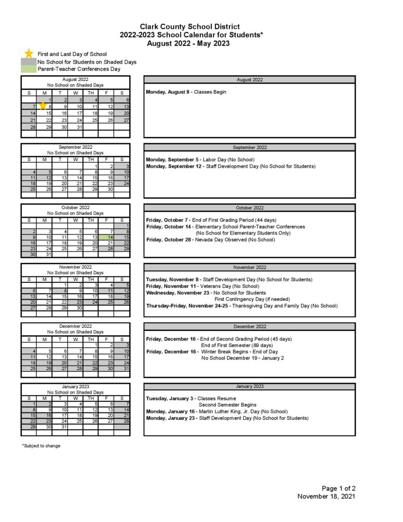 CCSD School Calendar 2022 2023 Clark County School District