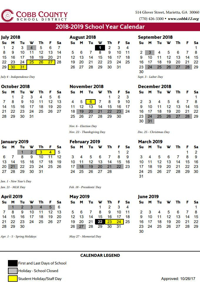 Cobb county school calendar 2018 2019 School Calendar Calendar 