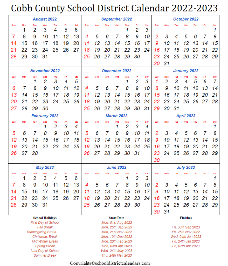 Cobb County School District Calendar 2022 2023 With Holidays