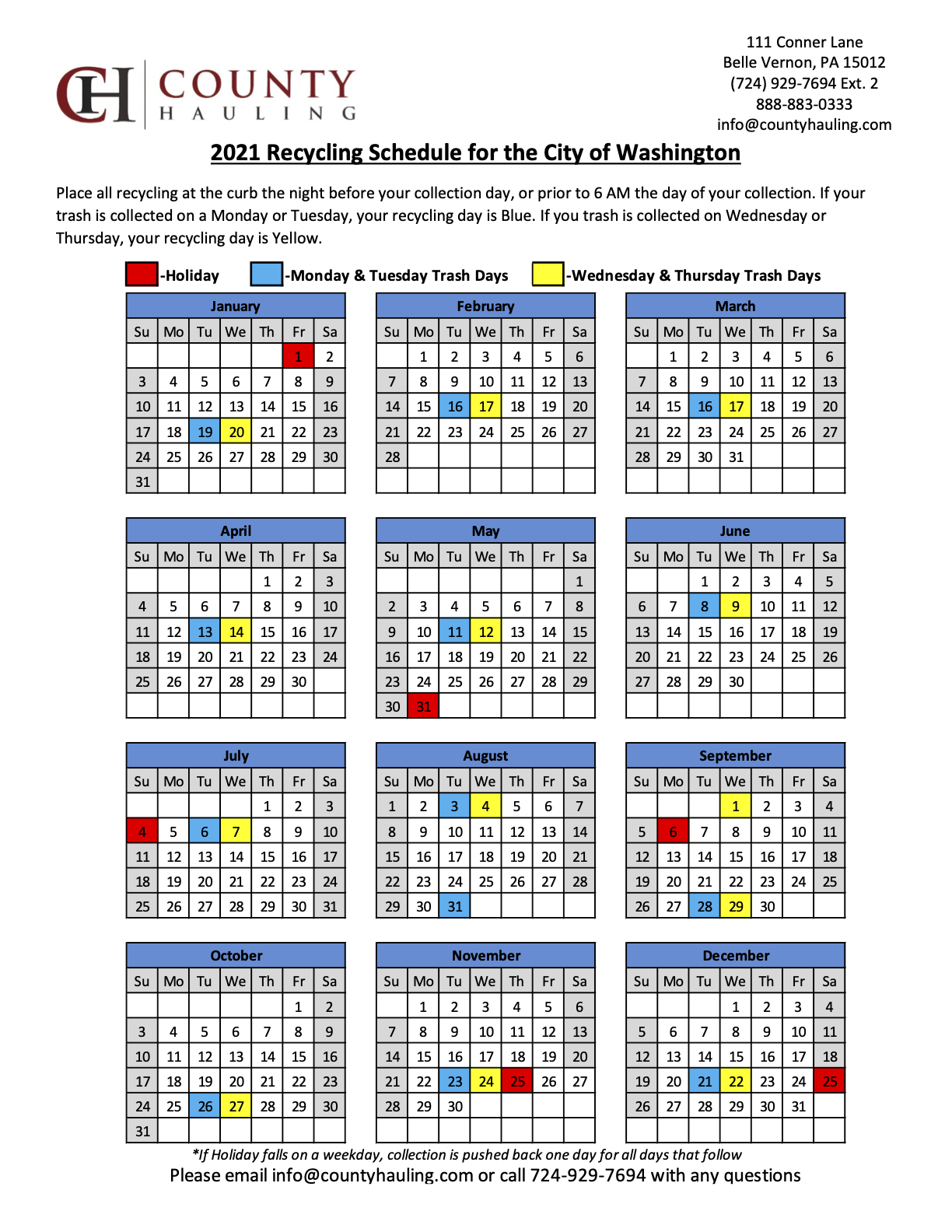 County Hauling 2021 Recycling Calendar City Of Washington