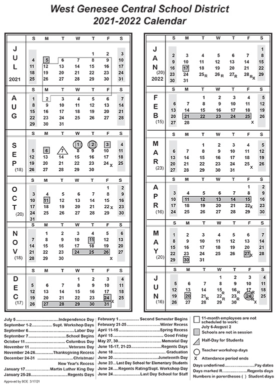 District Calendar For 2021 2022 Approved At BOE Meeting West Genesee 