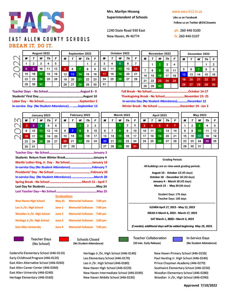 East Allen County Schools Calendar 2022 And 2023 PublicHolidays
