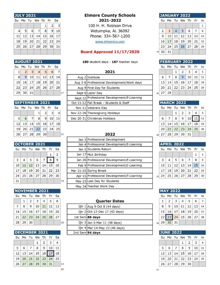  Elmore County School Calendar 2021 2022 With Holidays 