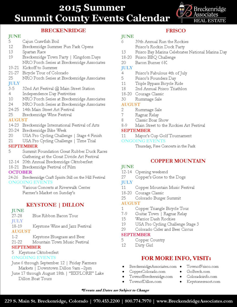 Events 2015 Summer Calendar For Summit County 2015