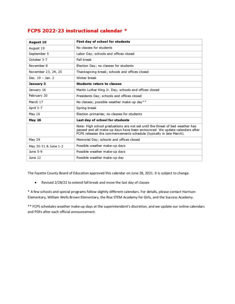 Fayette County Schools Calendar 2022 2023 Kentucky 