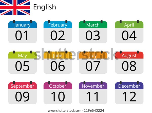 Flat Design Of Calendar Months Icon Set On English With Number Month 