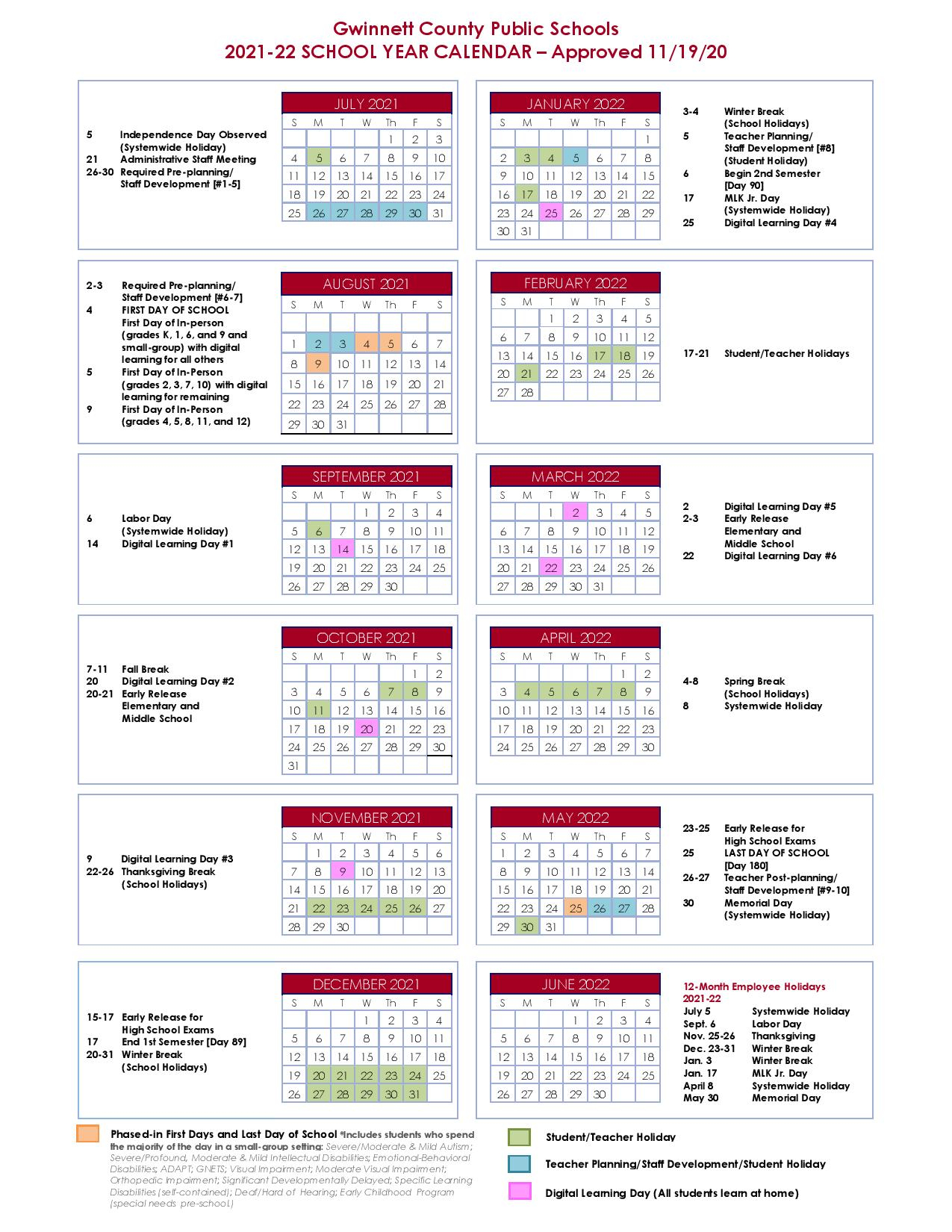 Gwinnett County School Calendar 2021 2022 Holidays